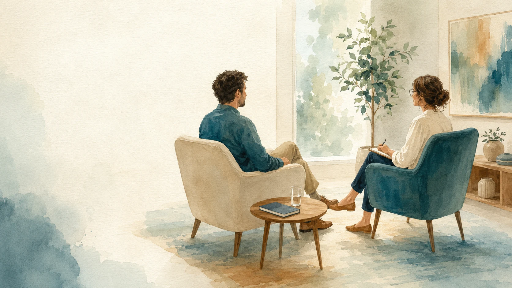 Ilustración en acuarela de una primera sesión de terapia psicológica en un consultorio cálido y profesional.