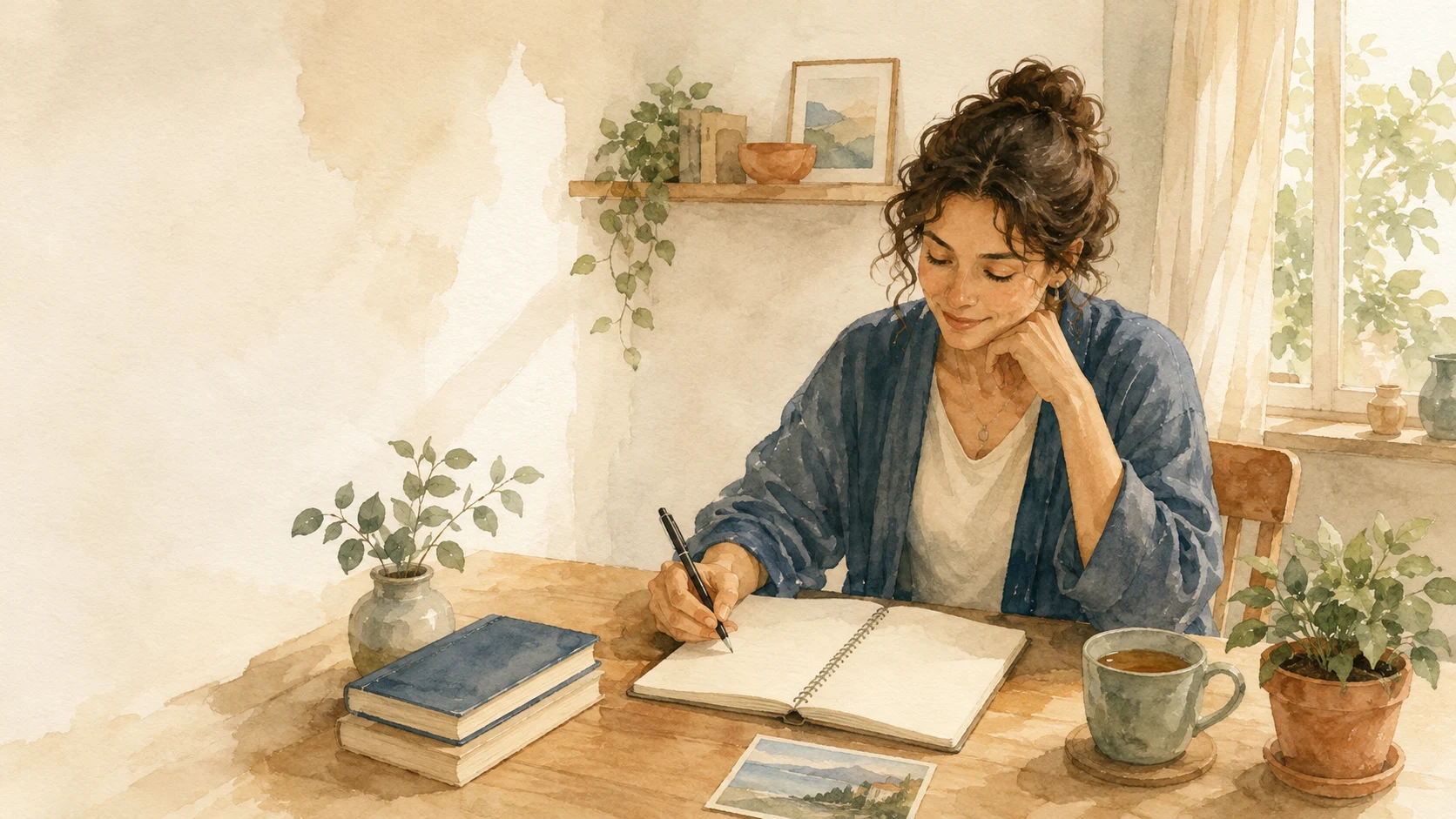 Ilustración en acuarela de una persona escribiendo una lista de deseos en un cuaderno.