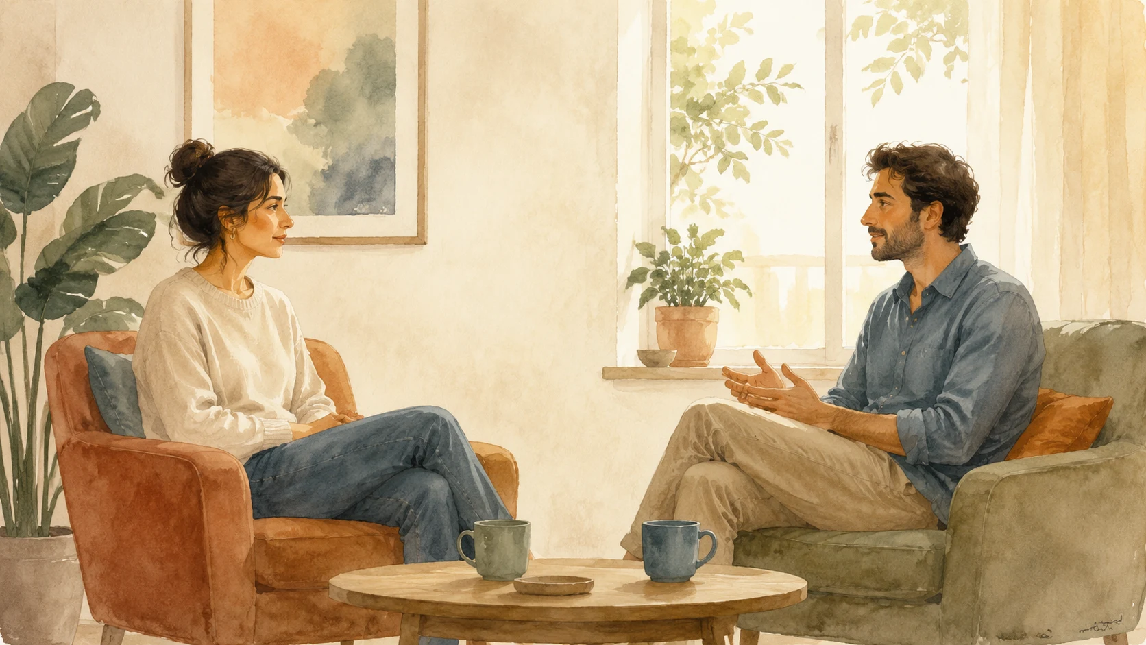 Ilustración en acuarela de una pareja conversando con calma sobre límites, acuerdos y respeto en su relación.